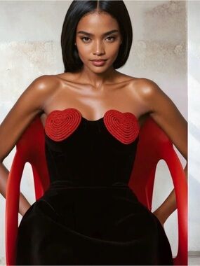Strapless Black Velvet Dress with Red Heart Accents